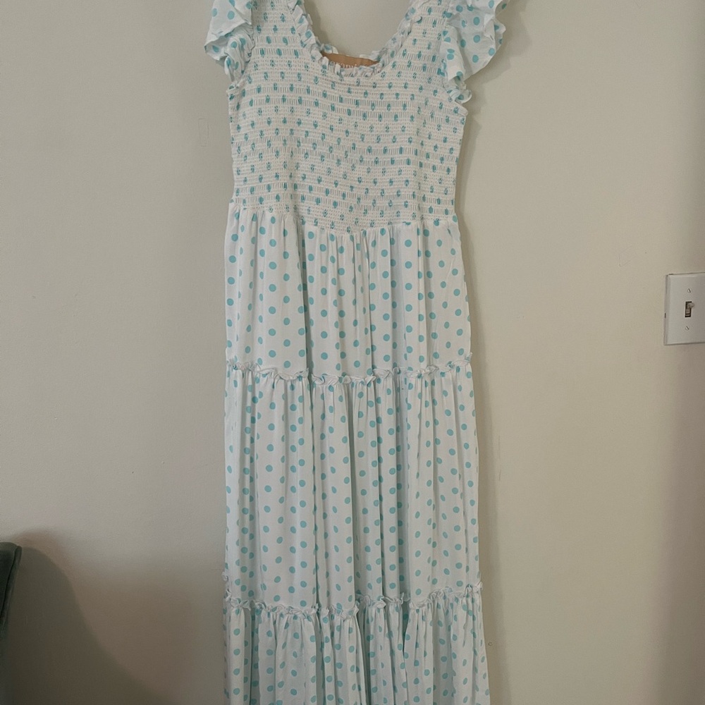 Elegant White and Blue Patterned Cotton Maxi Dress
